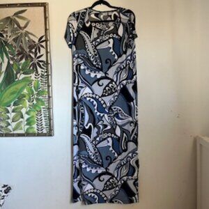 🧡3/15 Chico's Travelers Maxi Geometric Print Blue Dress Women's 1 (US 8/10)